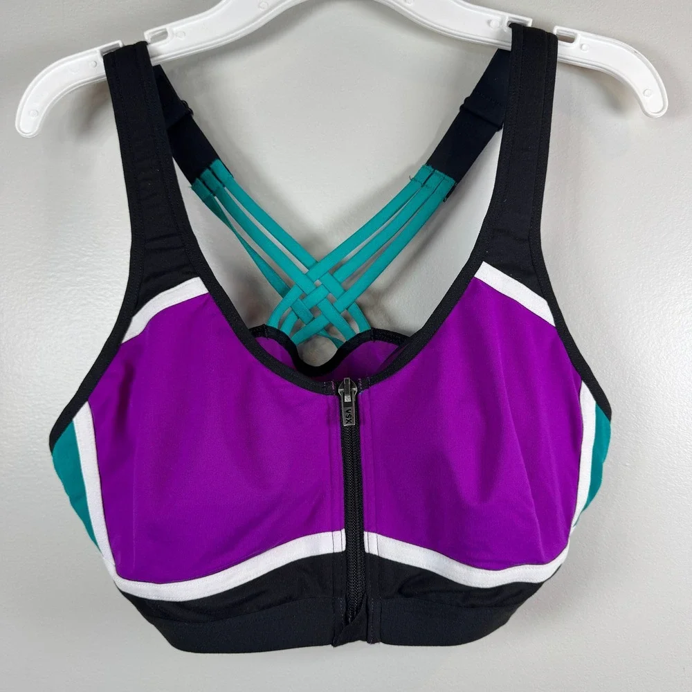 Victoria's Secret VSX Sports Bra‎ Purple Teal Front Zip Underwire Padded 36B